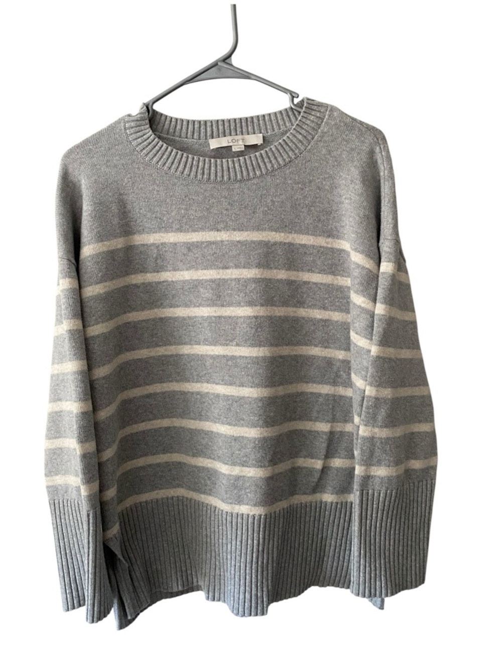 LOFT Striped Crewneck Sweater | Size L |Heather Gray & Cream | Minimalist